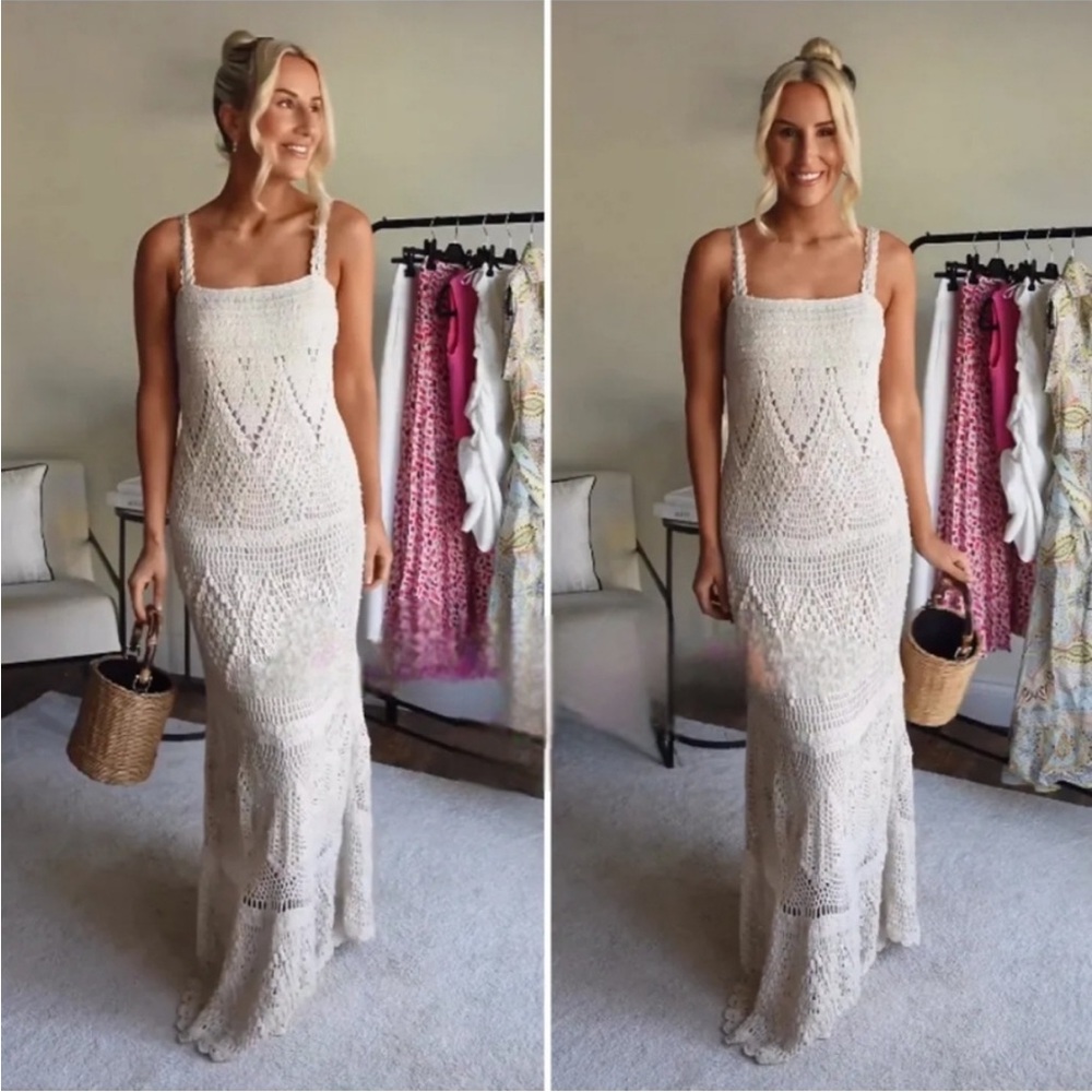 Zara Sequin Crochet Knit Maxi Dress in Cream - Women's Summer Dress Small